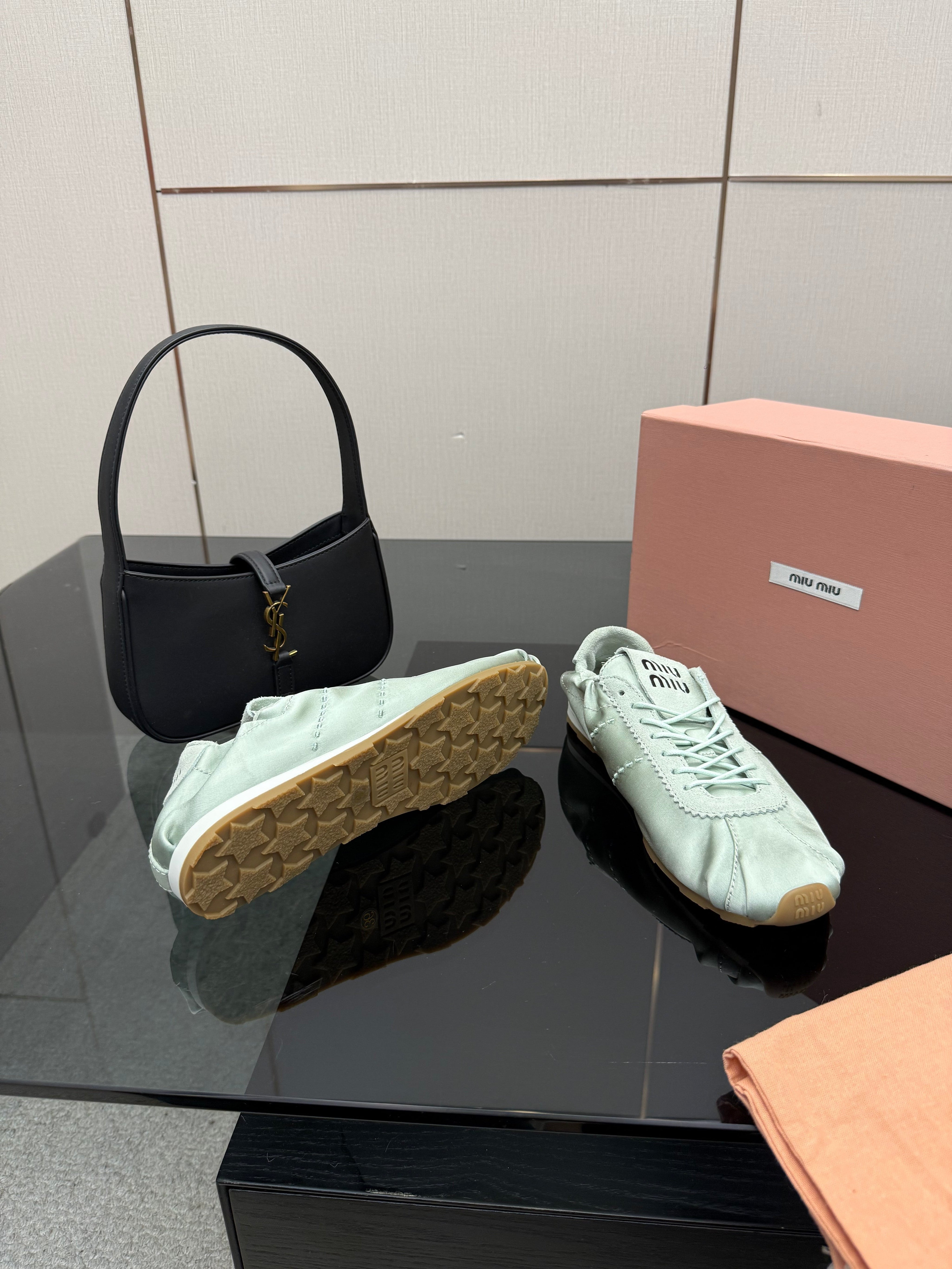 MIUMIU 25S SNEAKERS IN POWDER BLUE PLUME SATIN