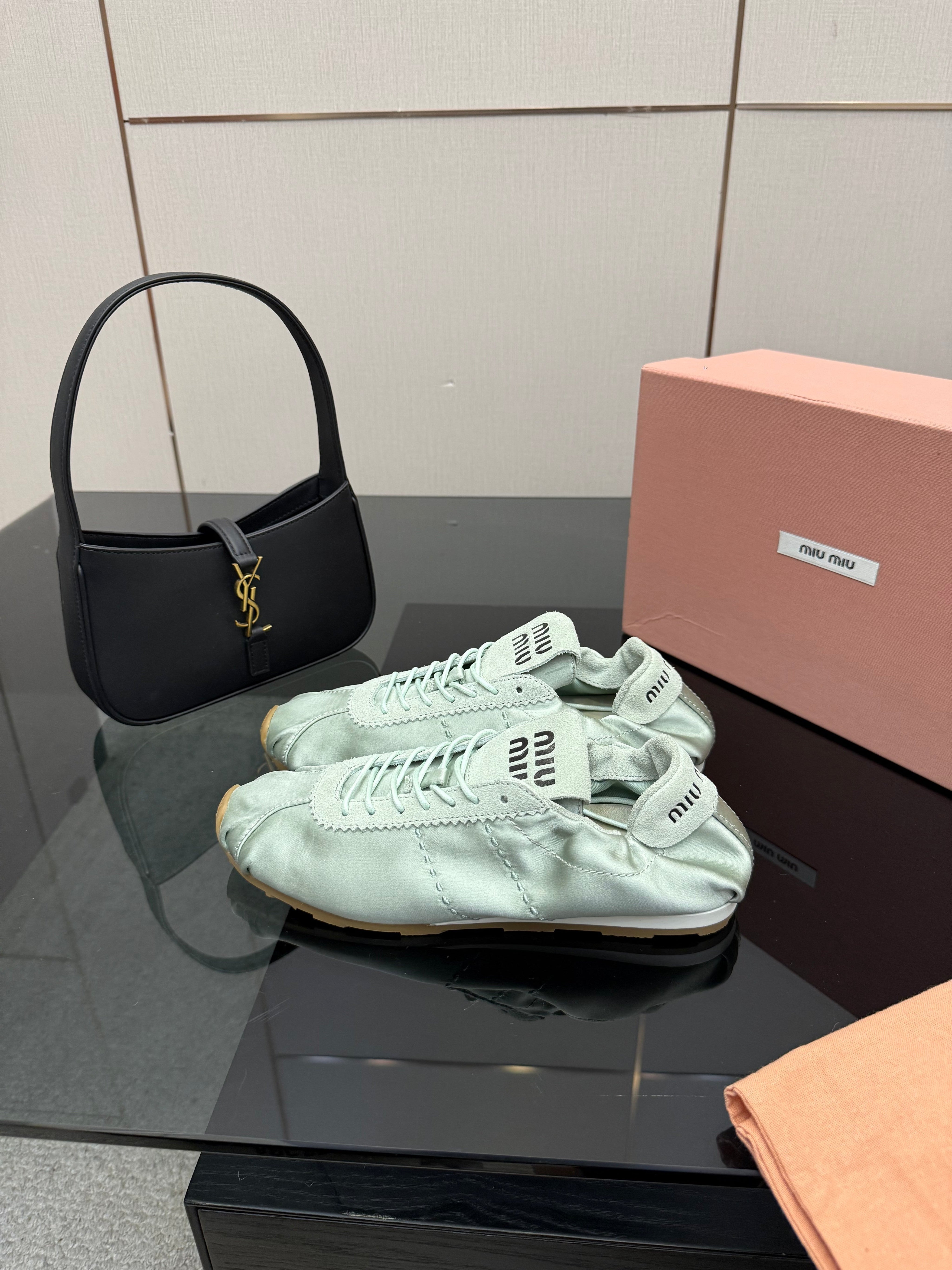 MIUMIU 25S SNEAKERS IN POWDER BLUE PLUME SATIN