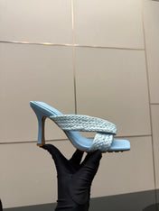 BOTTEGA VENETA 26S HEELED SANDALS 95 MM IN LIGHT BLUE CALFSKIN AND RAFFIA