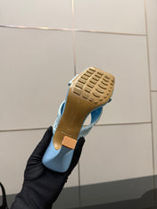 BOTTEGA VENETA 26S HEELED SANDALS 95 MM IN LIGHT BLUE CALFSKIN AND RAFFIA