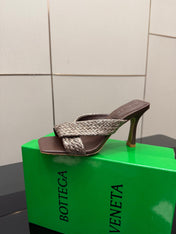 BOTTEGA VENETA 26S HEELED SANDALS 95 MM IN DARK BROWN CALFSKIN AND RAFFIA