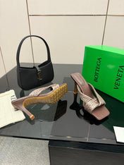 BOTTEGA VENETA 26S HEELED SANDALS 95 MM IN DARK BROWN CALFSKIN AND RAFFIA