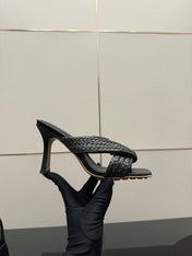 BOTTEGA VENETA 26S HEELED SANDALS 95 MM IN BLACK CALFSKIN AND RAFFIA