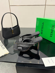 BOTTEGA VENETA 26S HEELED SANDALS 95 MM IN BLACK CALFSKIN AND RAFFIA