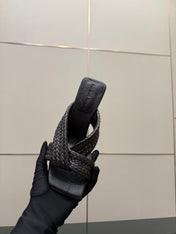 BOTTEGA VENETA 26S HEELED SANDALS 95 MM IN BLACK CALFSKIN AND RAFFIA