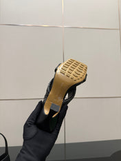 BOTTEGA VENETA 26S HEELED SANDALS 95 MM IN BLACK CALFSKIN AND RAFFIA