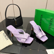 BOTTEGA VENETA 26S HEELED SANDALS 95 MM IN LIGHT PURPLE CALFSKIN AND RAFFIA