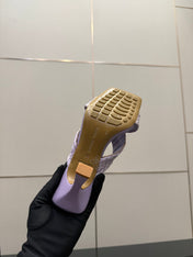 BOTTEGA VENETA 26S HEELED SANDALS 95 MM IN LIGHT PURPLE CALFSKIN AND RAFFIA