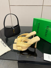 BOTTEGA VENETA 26S HEELED SANDALS 95 MM IN LIGHT YELLOW CALFSKIN AND RAFFIA