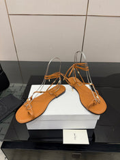 CELINE 26S TRIOMPHE LACE UP FLAT SANDALS IN TAN BROWN CALFSKIN