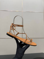 CELINE 26S TRIOMPHE LACE UP FLAT SANDALS IN TAN BROWN CALFSKIN