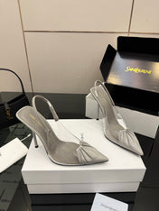 YSL 26S PLEATED SLINGBACK HEELS 105 MM IN GREY GLOSSY CALFSKIN AND PVC