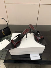 YSL 26S POINTED-TOE SANDALS 90 MM IN DARK RED AND BLACK CALFSKIN