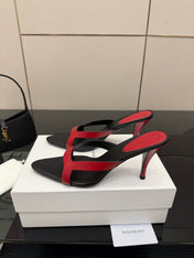 YSL 26S POINTED-TOE SANDALS 90 MM IN RED AND BLACK CALFSKIN
