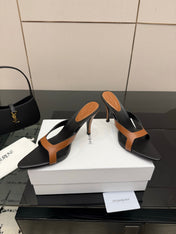YSL 26S POINTED-TOE SANDALS 90 MM IN BROWN AND BLACK CALFSKIN