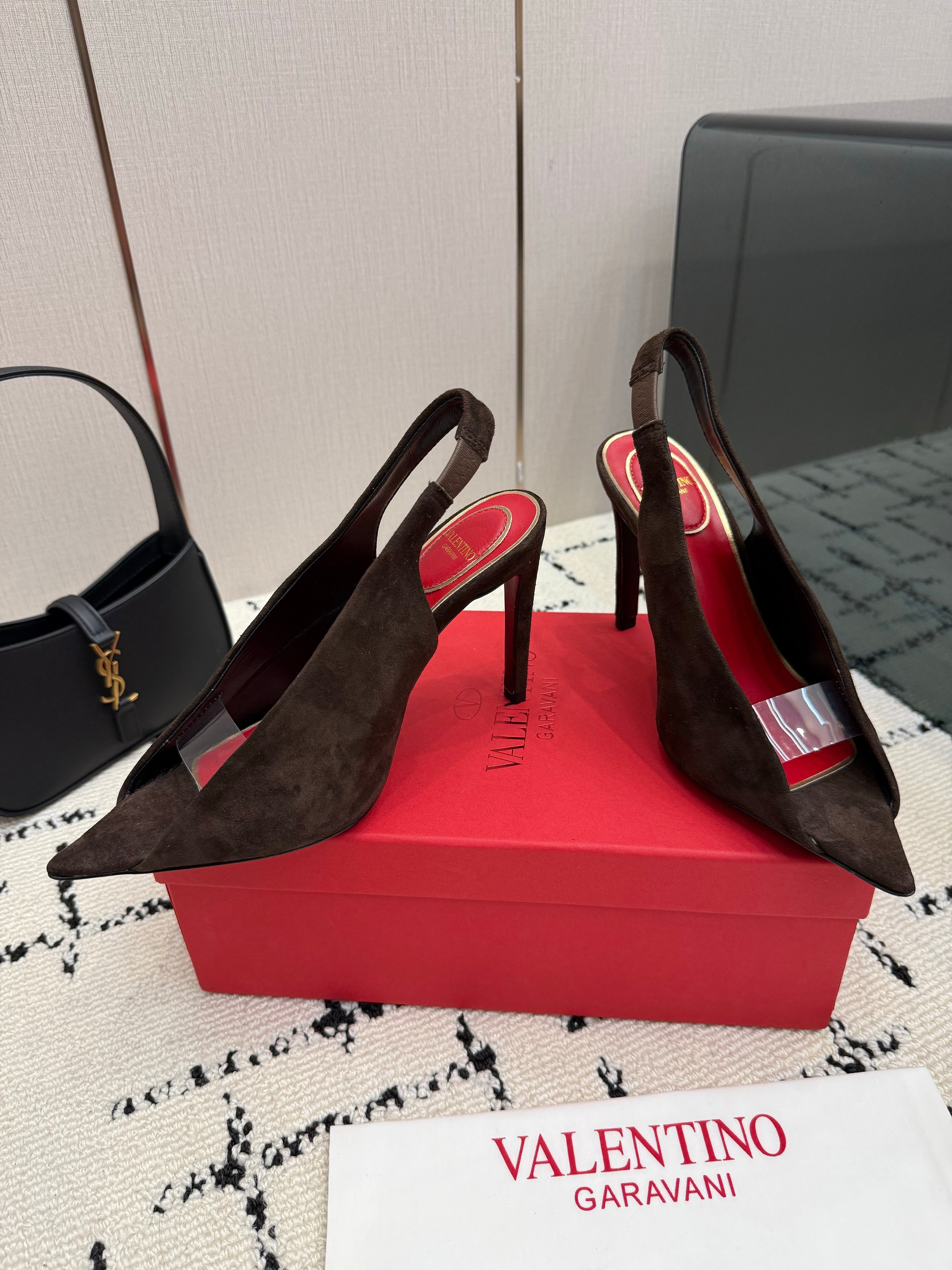 VALENTINO 26S POINTED-TOE SLINGBACKS IN DARK BROWN SUEDE