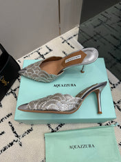 AQUAZZURA 26S HEEL MULES 85 MM IN SILVER SEQUIN AND CALFSKIN