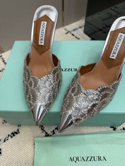 AQUAZZURA 26S HEEL MULES 85 MM IN SILVER SEQUIN AND CALFSKIN