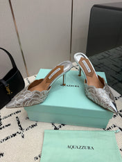 AQUAZZURA 26S HEEL MULES 85 MM IN SILVER SEQUIN AND CALFSKIN