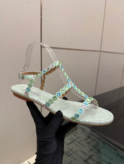 AQUAZZURA 26S FLAT SANDALS IN METALLIC MINT SNAKESKIN CRYSTAL-EMBELLISHED