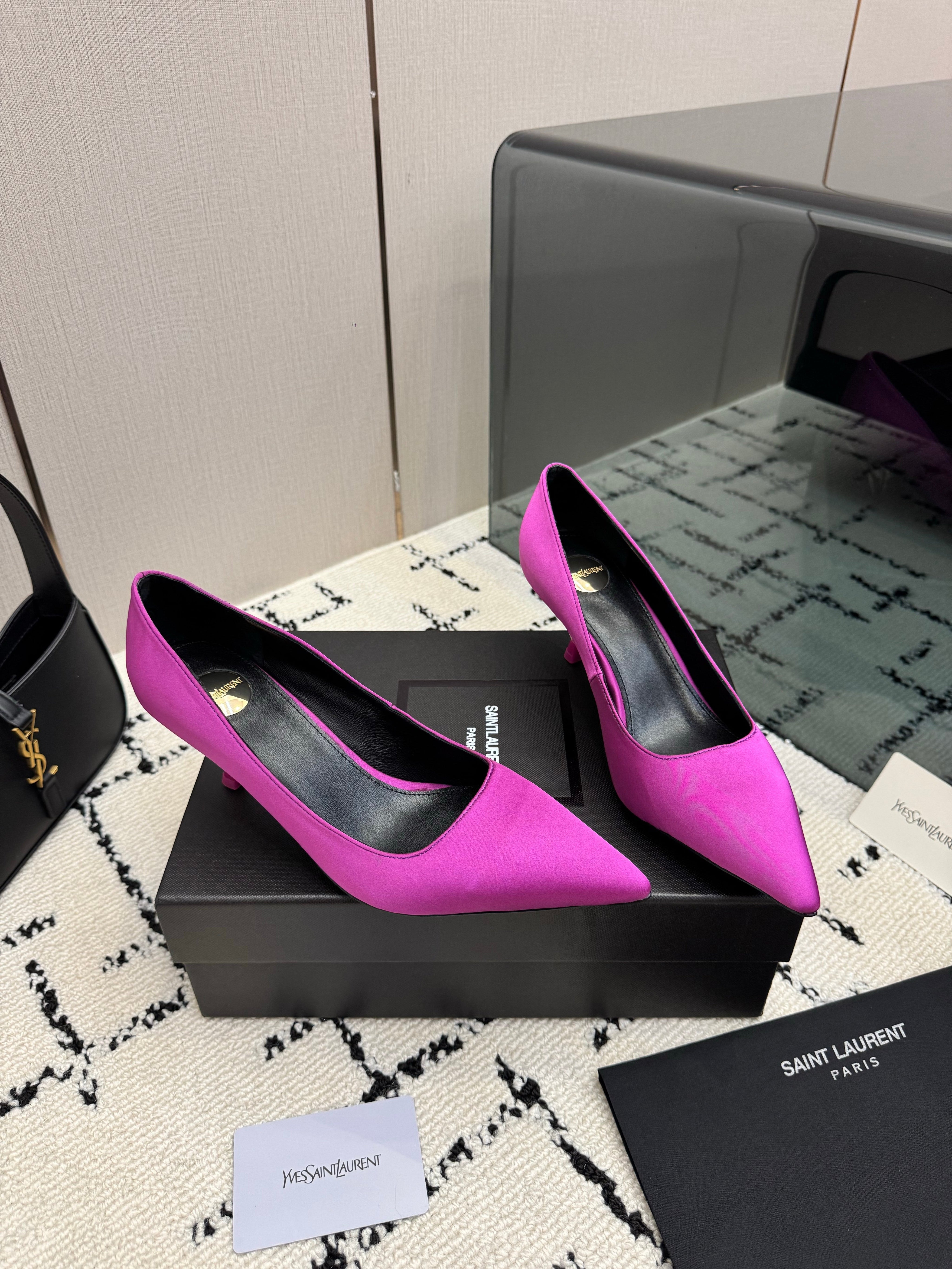 YSL 26S POINTED TOE PUMPS 60 MM IN PURPLE SATIN
