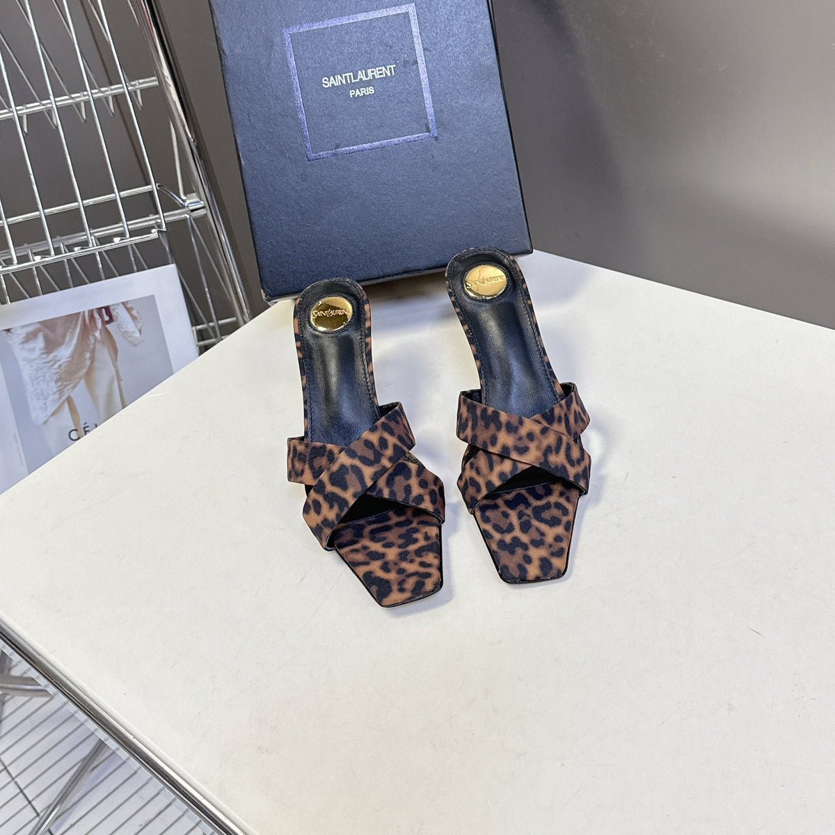 YSL 25S JILL MULES 75MM IN LEOPARD PRINT SMOOTH CALFSKIN