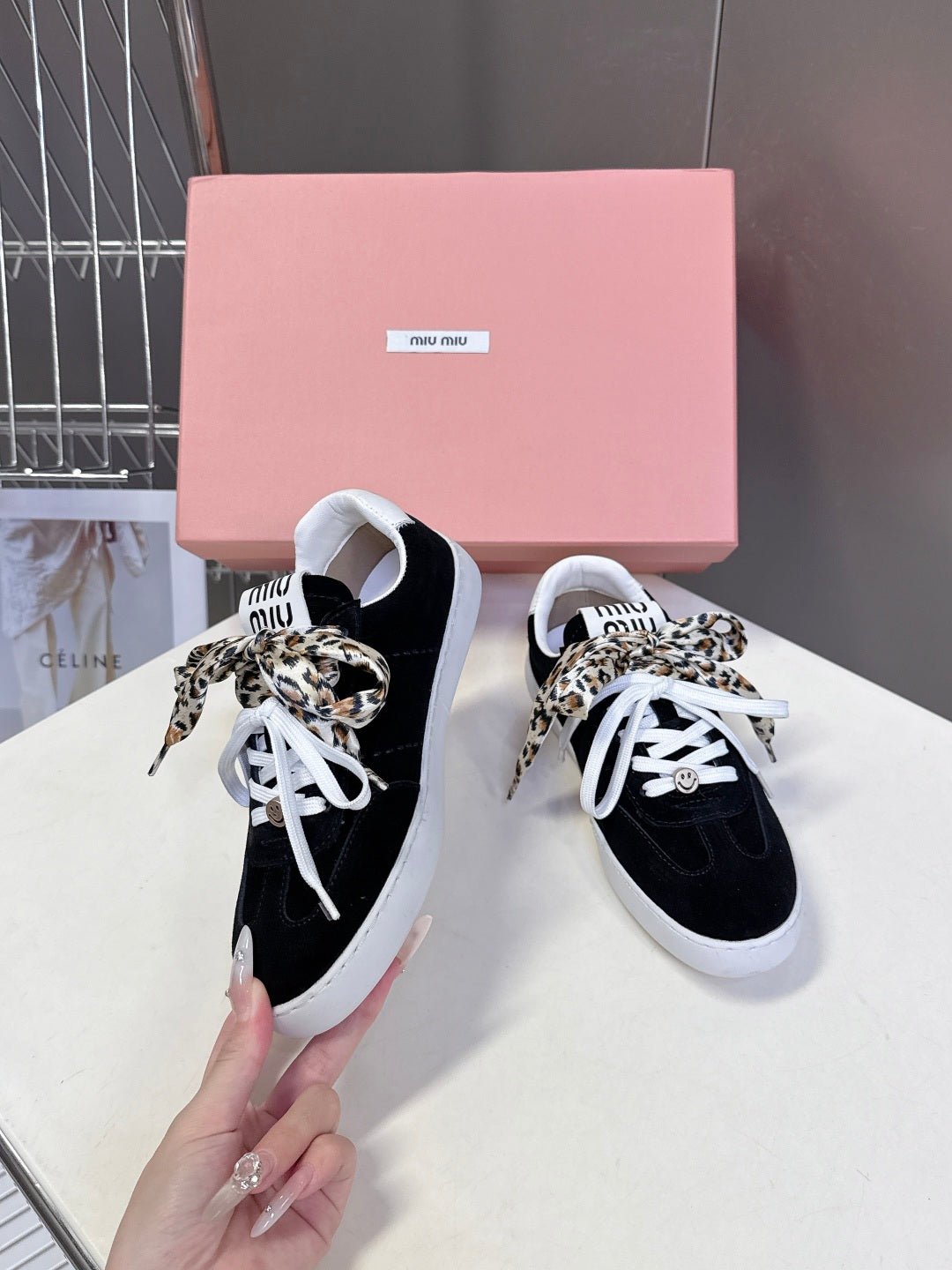 MIUMIU 25S SNEAKERS IN BLACK SUEDE WITH LEOPARD-PRINT LACES