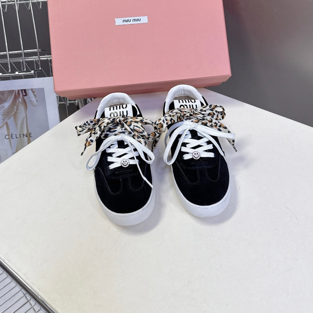 MIUMIU 25S SNEAKERS IN BLACK SUEDE WITH LEOPARD-PRINT LACES