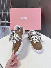 MIUMIU 25S SNEAKERS IN EARTH BROWN SUEDE WITH LEOPARD-PRINT LACES