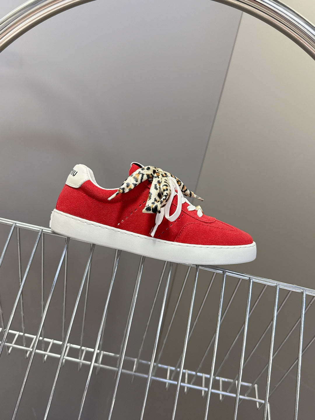 MIUMIU 25S SNEAKERS IN DARK RED SUEDE WITH LEOPARD-PRINT LACES