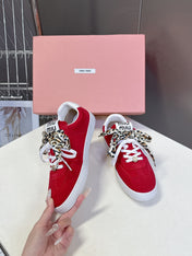 MIUMIU 25S SNEAKERS IN DARK RED SUEDE WITH LEOPARD-PRINT LACES