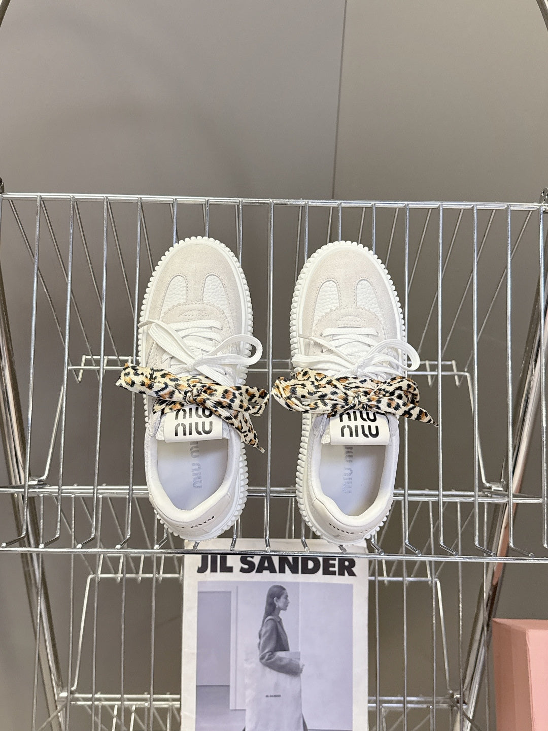 MIUMIU 25S SNEAKERS 45NN IN WHITE SUEDE WITH LEOPARD-PRINT LACES