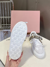 MIUMIU 25S SNEAKERS 45NN IN WHITE SUEDE WITH LEOPARD-PRINT LACES