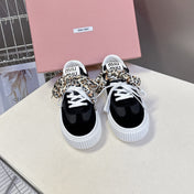 MIUMIU 25S SNEAKERS 45MM IN BLACK SUEDE WITH LEOPARD-PRINT LACES
