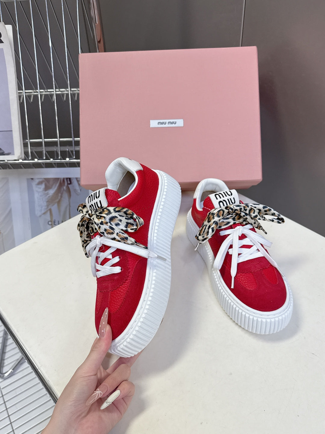 MIUMIU 25S SNEAKERS 45MM IN DARK RED SUEDE WITH LEOPARD-PRINT LACES
