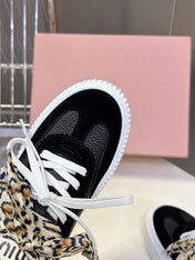 MIUMIU 25S SNEAKERS 45MM IN BLACK SUEDE WITH LEOPARD-PRINT LACES