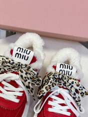 MIUMIU 25S SNEAKERS 45MM IN DARK RED SUEDE WITH LEOPARD-PRINT LACES SHEARLING