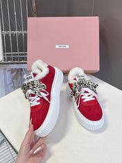 MIUMIU 25S SNEAKERS 45MM IN DARK RED SUEDE WITH LEOPARD-PRINT LACES SHEARLING