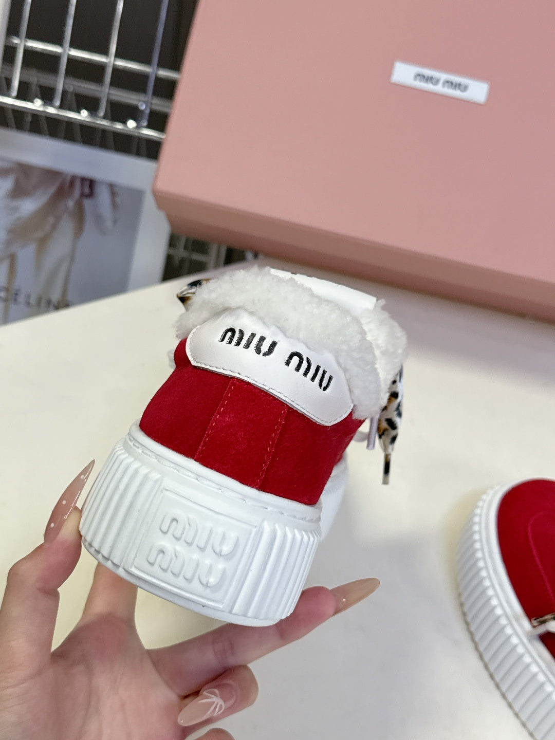 MIUMIU 25S SNEAKERS 45MM IN DARK RED SUEDE WITH LEOPARD-PRINT LACES SHEARLING
