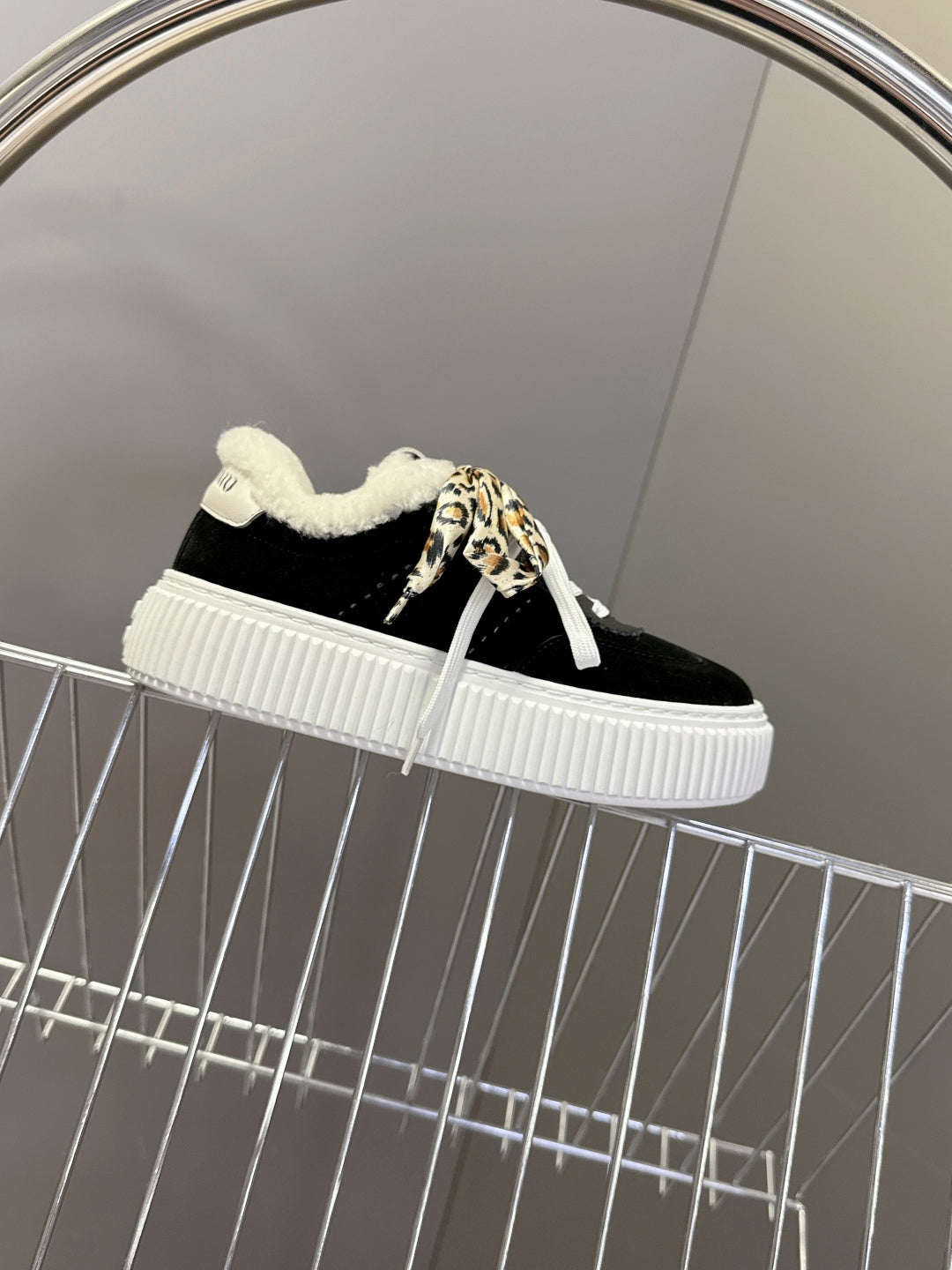 MIUMIU 25S SNEAKERS 45MM IN BLACK SUEDE WITH LEOPARD-PRINT LACES SHEARLING
