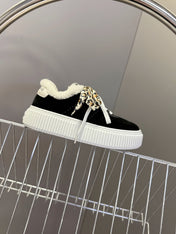 MIUMIU 25S SNEAKERS 45MM IN BLACK SUEDE WITH LEOPARD-PRINT LACES SHEARLING