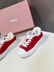 MIUMIU 25S SNEAKERS IN DARK RED SUEDE WITH SHEARLING