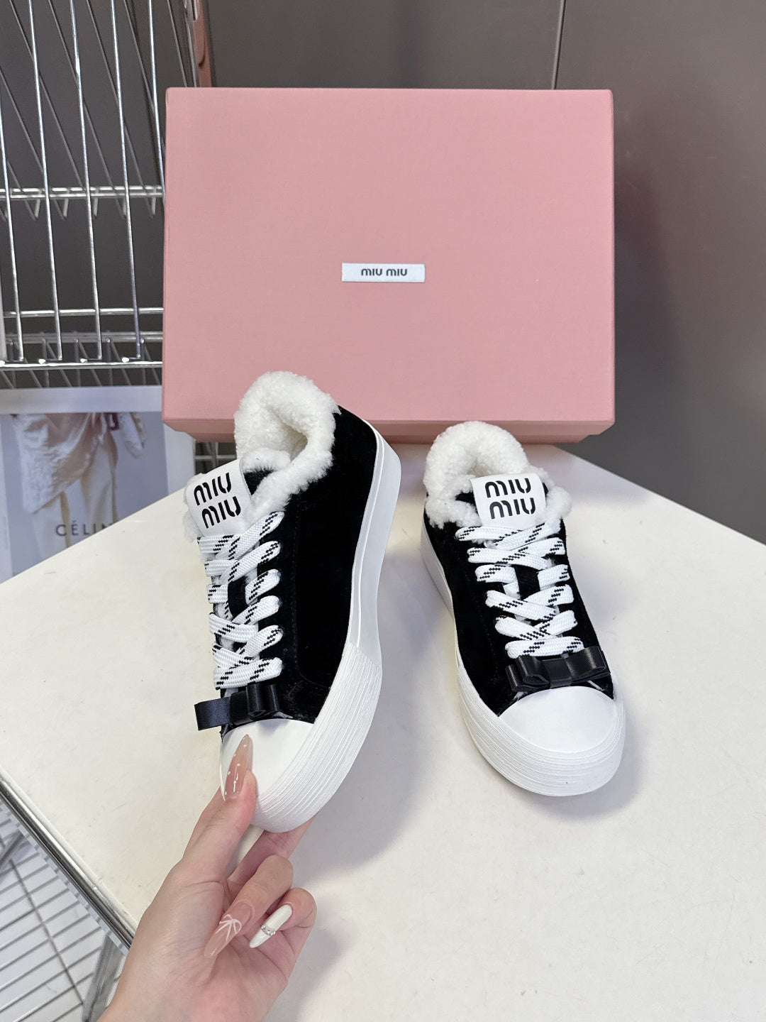 MIUMIU 25S SNEAKERS IN BLACK SUEDE WITH SHEARLING