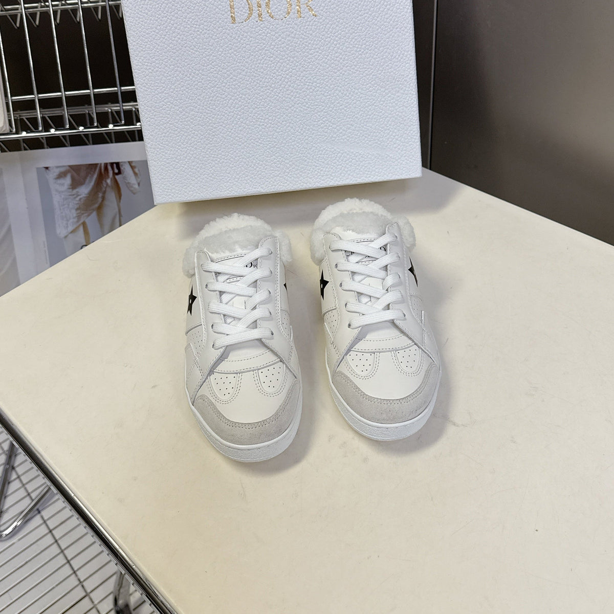 DIOR 25S DIOR STAR SNEAKERS IN WHITE LAMBSKIN AND WOOL
