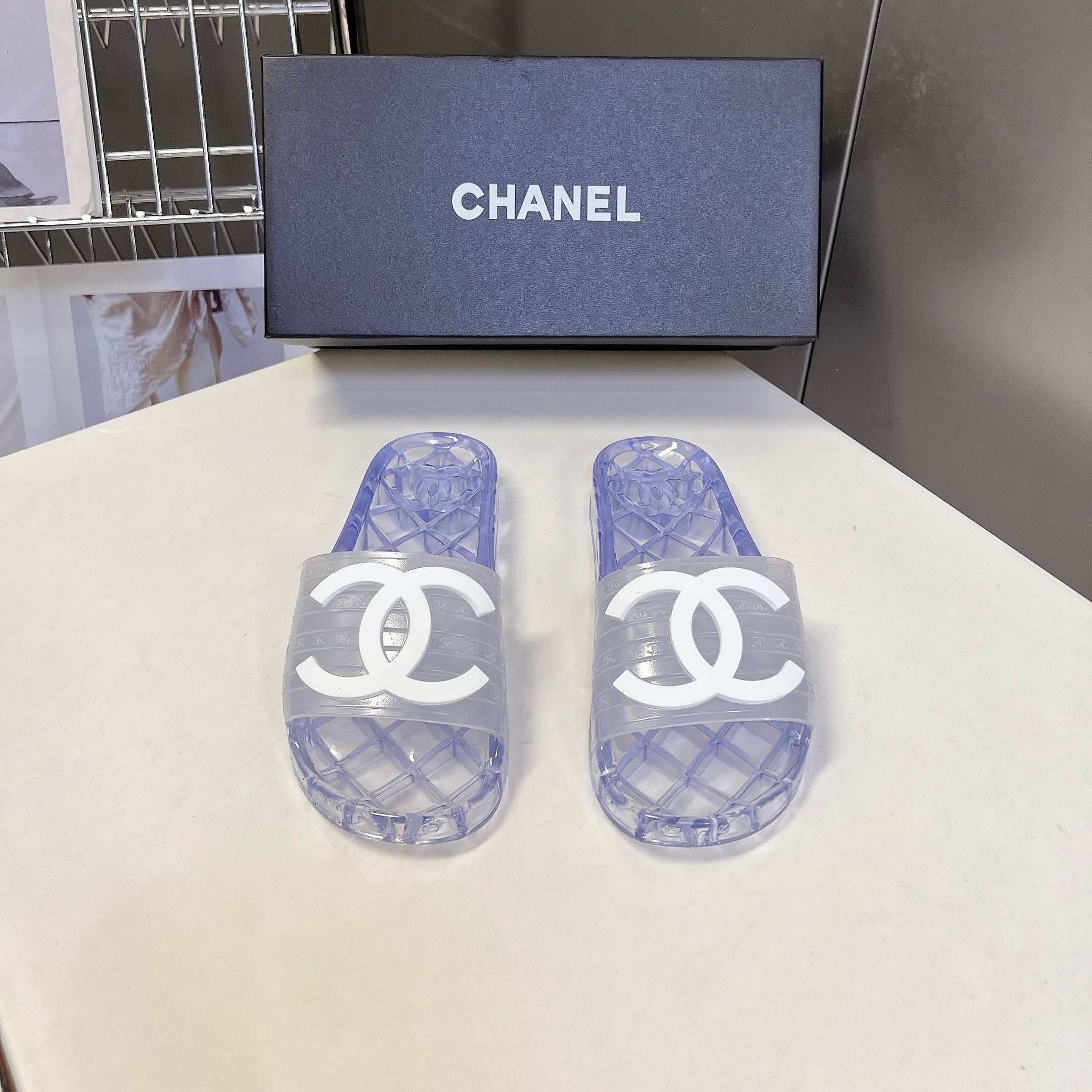 CHANEL 26S SLIDES IN LIGHT PURPLE PVC