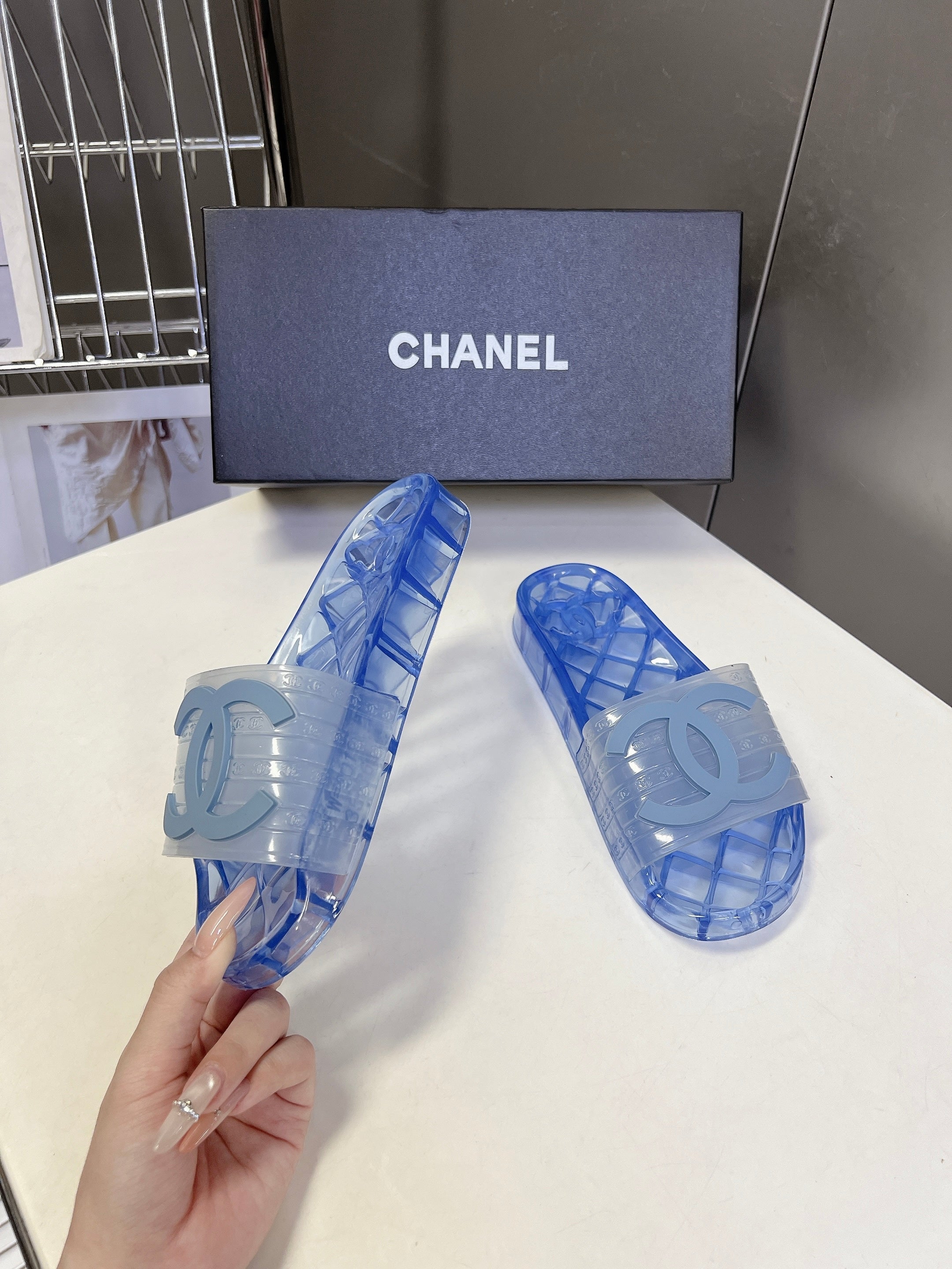 CHANEL 26S SLIDES IN BLUE PVC