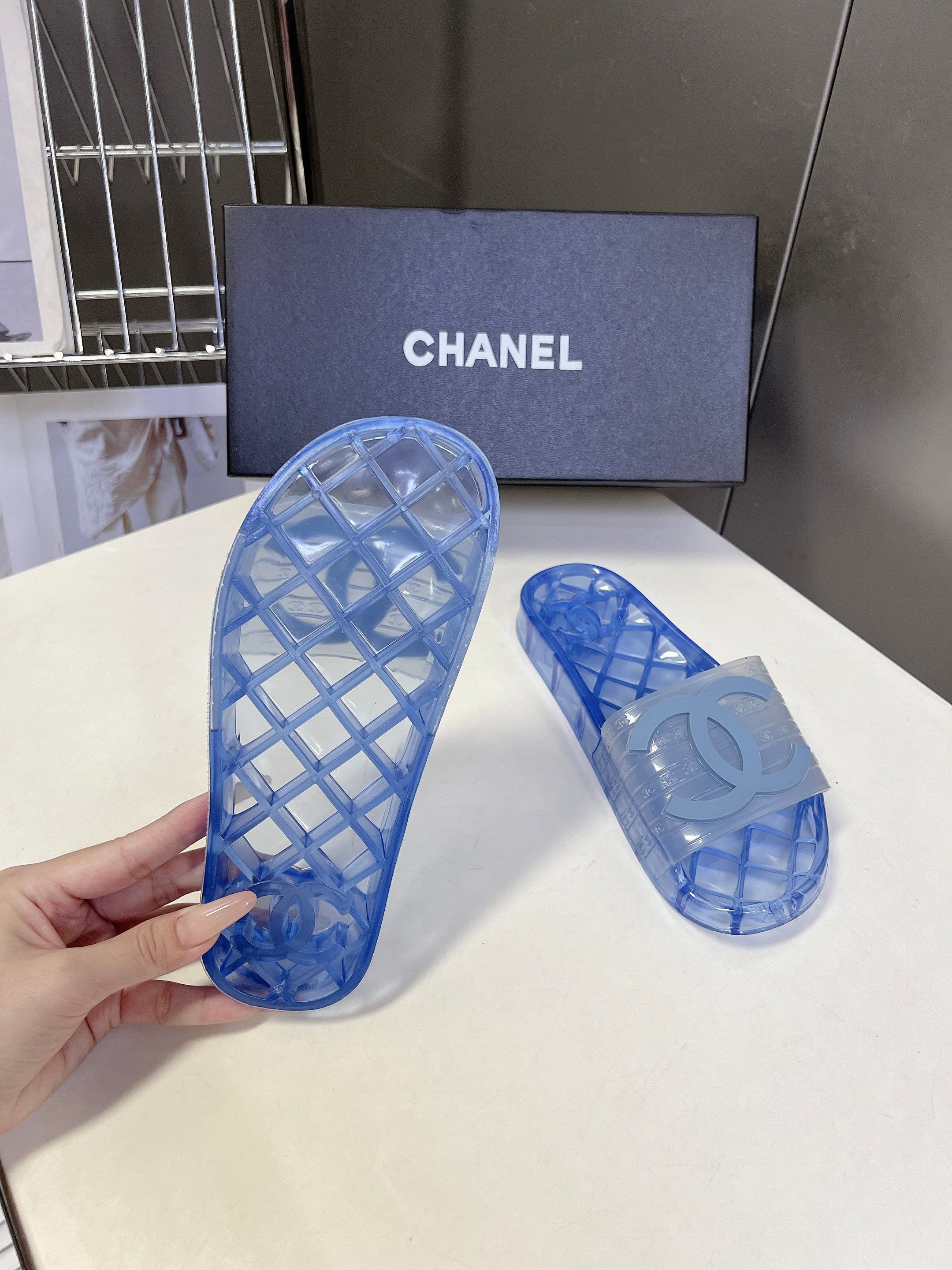 CHANEL 26S SLIDES IN BLUE PVC