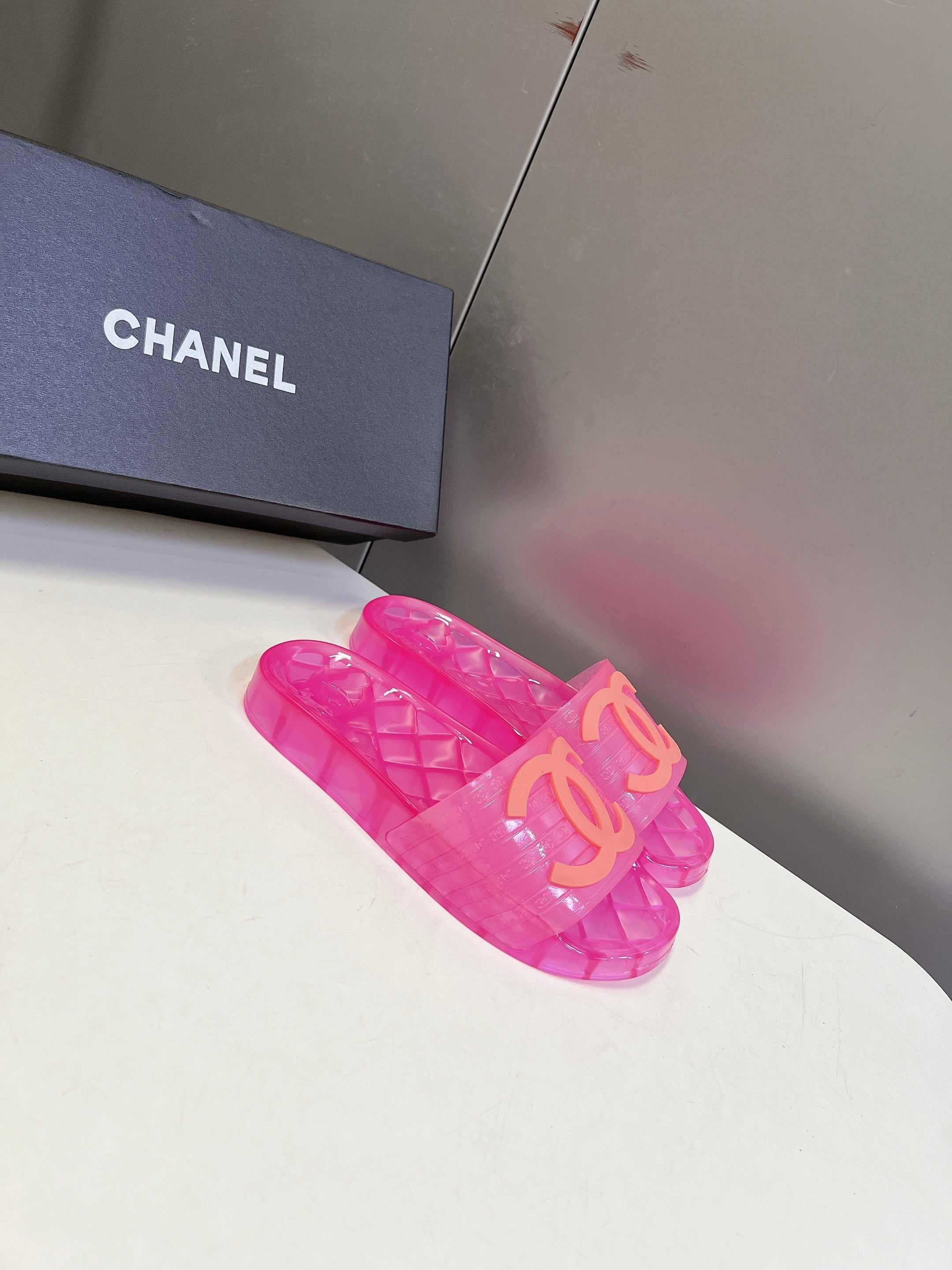 CHANEL 26S SLIDES IN DARK PINK PVC