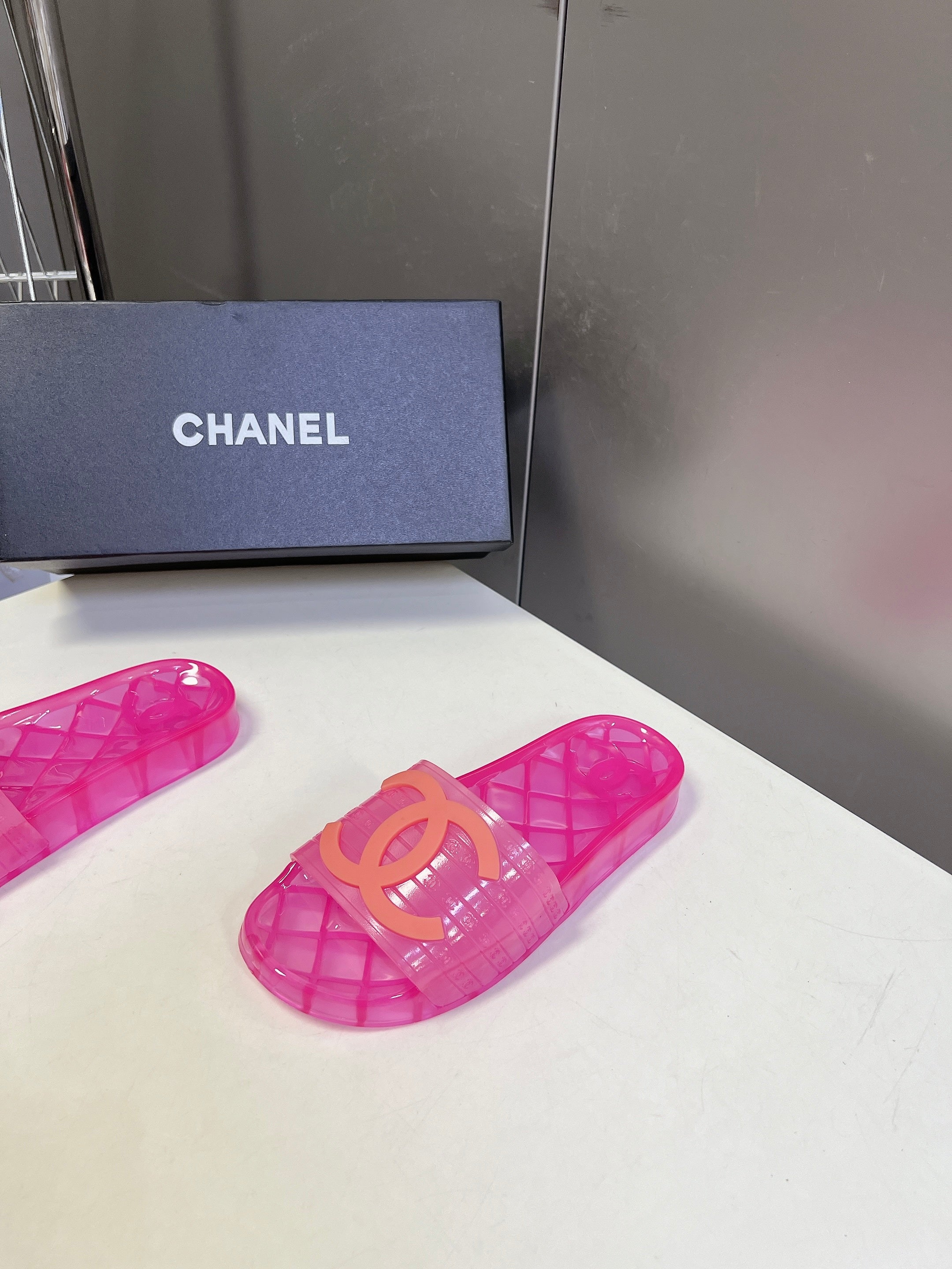 CHANEL 26S SLIDES IN DARK PINK PVC