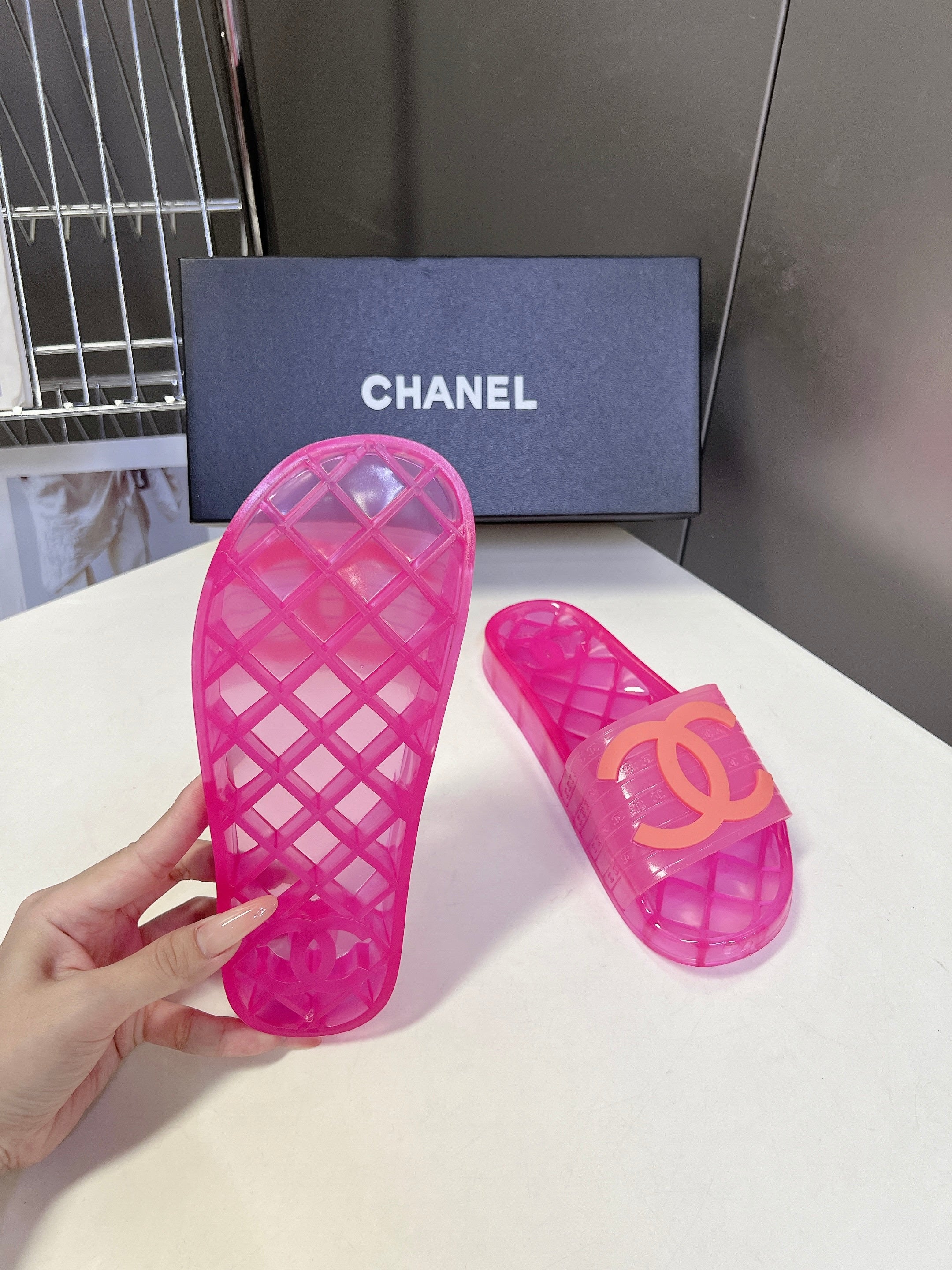 CHANEL 26S SLIDES IN DARK PINK PVC